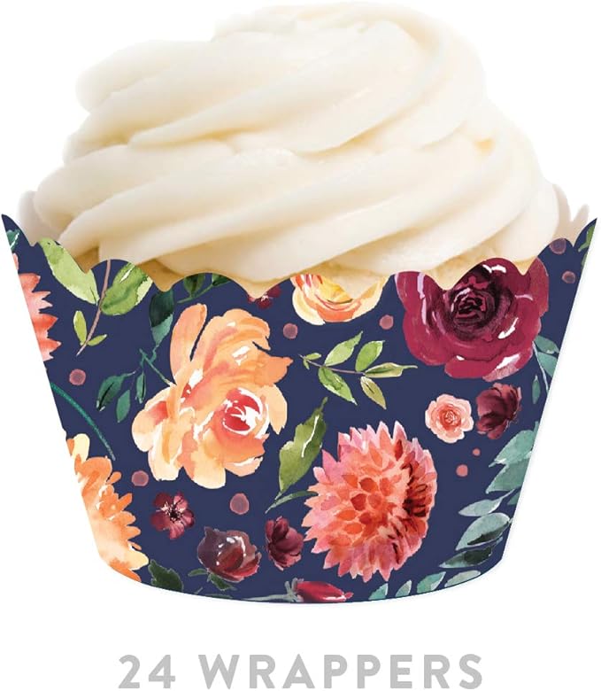 Andaz Press Party Cupcake Wrapper Decorations, Burgundy and Peach Florals on Navy Blue, 24-Pack, For Girls 1st Birthday Baby Bridal Shower Tea Party Themed Decorations