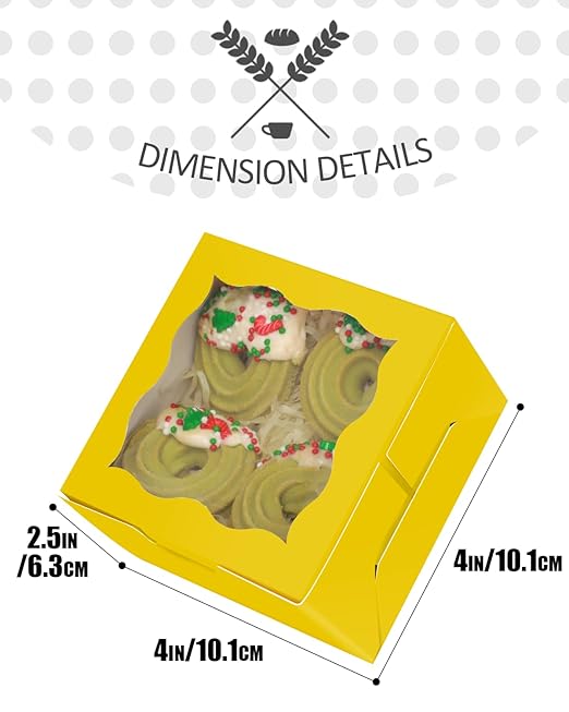 qiqee Yellow Bakery Box with Window 4x4x2.5 inch 30Packs Macaron Boxes Small Donut Pastry Boxes for Party Mini Cookie Boxes