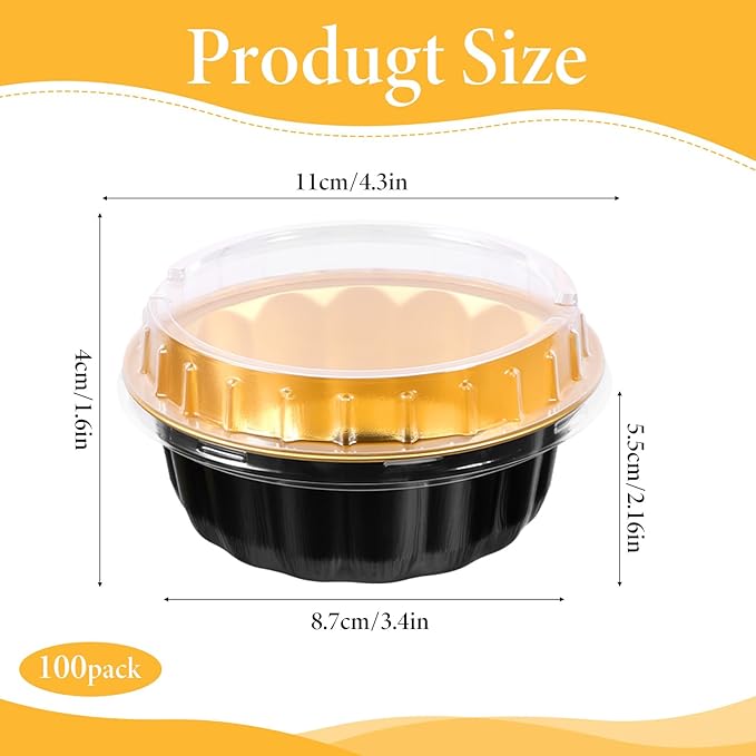 100 Pack 8 oz Disposable Ramekins with Lids, Disposable Ramekin Baking Cups Creme Brulee Ramekin Black Gold Aluminum Foil Cupcake Containers for Wedding Christmas Kitchen Party Graduation