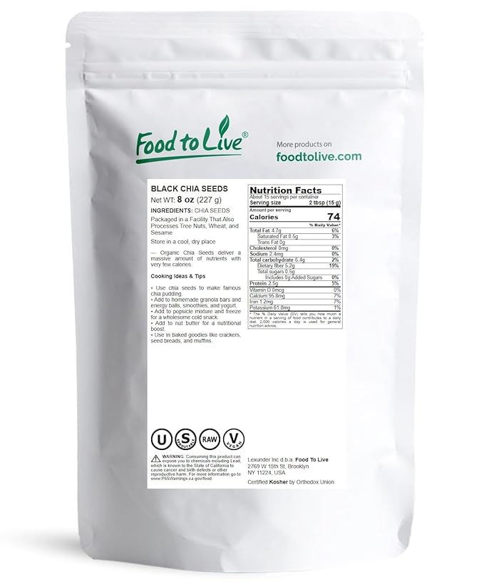Food to Live Black Chia Seeds, 8 Ounces – Whole, Sproutable, Vegan, Kosher, Keto, Sirtfood, Bulk. Rich in Essential Fatty Acids, Fiber, Protein. Great for Chia Pudding, Smoothie, Oatmeal