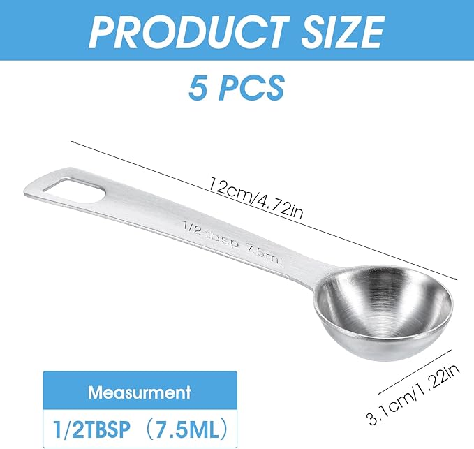 5 Pcs 1/2tbsp Stainless Steel Teaspoon Measuring Spoons 7.5ml Individual Teaspoon Measuring Spoons with Measurement Marks, Round Bowl Design Teaspoons for Precise Cooking