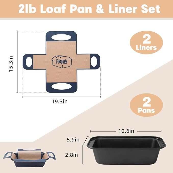 Loaf Pan with Liners Set: 2-Pack Nonstick 9 x 5 Inch Bread Pan and Loaf Liners for Homemade Oven Baking - Rectangular Baking Tray for Kitchen Home Baker Make Sourdough Banana Sandwich Bread