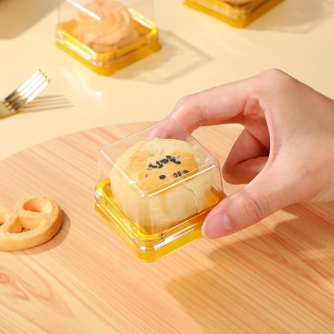 UPKOCH 50pcs Plastic Mini Cake Box, Square Moon cake Dome Cake Boxes, Golden Christmas Festival Wedding Birthday Packing Box, Size S, 2.16x1.85x1.57 inches