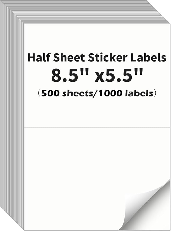 Half Sheet Labels, 2 per Sheet, 500 Sheets, 1000 Labels, 8.5" x 5.5" Shipping Label Paper, Address Sticker Laser & Inkjet Printer Label Stickers, 5 1/2" x 8 1/2" Half Sheet Label