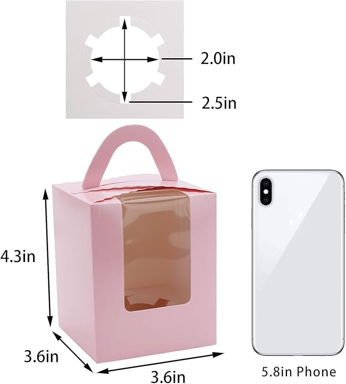 EUSOAR Cupcake Boxes Carriers, 50pcs Pink Single Individual Cupcake Boxes Holders Containers, Portable Paper Muffin Gift Boxes with Window Inserts Handle, for Wedding Birthday Party Treats Boxes