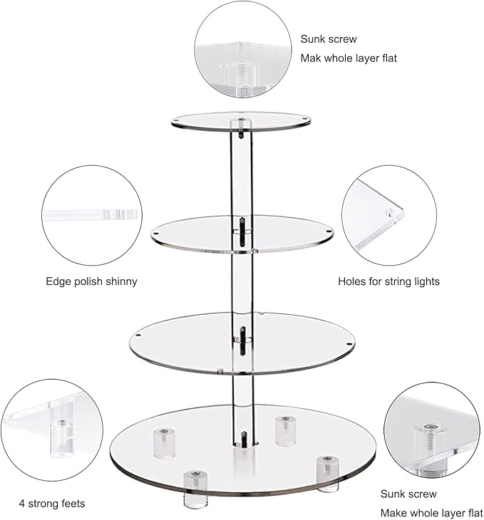 Cupcake Stand, 4-Tier Round Cupcake Holder with LED light String, Acrylic Cupcake Tower Display-Dessert Tower-Pastry Stand-Cupcake Tier Stand for Wedding, Birthday party ( Pink Light)