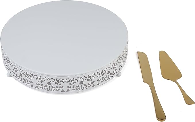 MTJYQTF White Cake Stand Set - Metal Round Cupcake Dessert Stand with Cake Cutting & Cake Spatula for Party, Candy Table Display for Wedding Birthday Baby Shower Housewarming Party CS003-pan-white