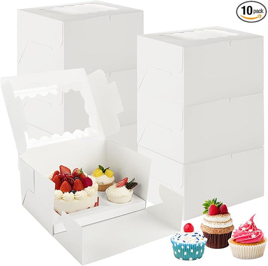 QTLCOHD 10 Packs 2+1 Cupcake Box with Window, 1 Small Cake and 2 Cupcakes Bento Cake Box with Insert and Stickers for Family Birthday Party Mother's day