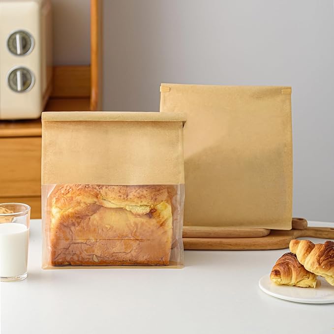 100 Pcs 8.6 Inch Brown Kraft Paper Bread Bags with Tin Tie, Large Homemade Bread Packing Bag, Thickened Storage Bagel Bag with Clear Window for Bakery