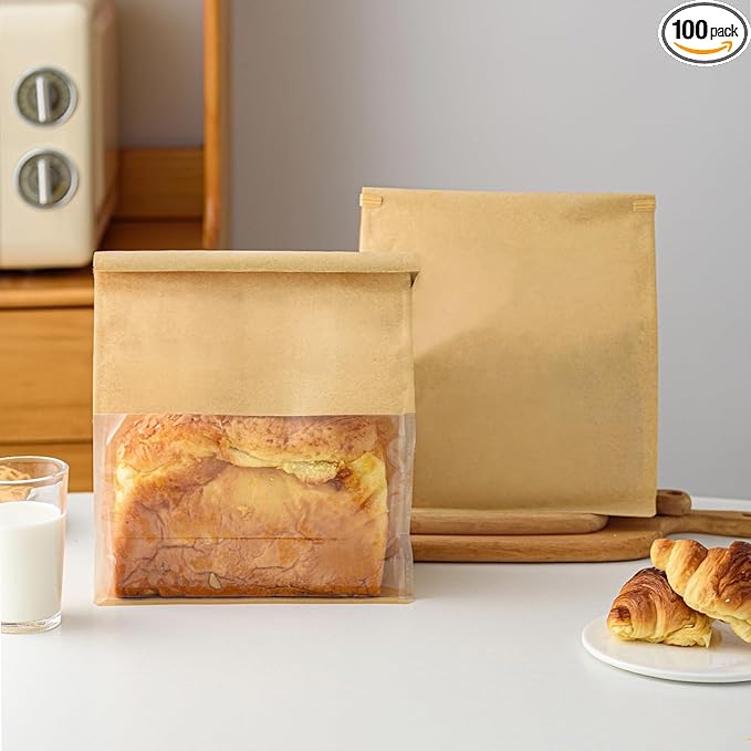 100 Pcs 8.6 Inch Brown Kraft Paper Bread Bags with Tin Tie, Large Homemade Bread Packing Bag, Thickened Storage Bagel Bag with Clear Window for Bakery