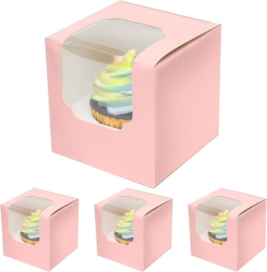 qiqee Pink Cupcake Boxes Individual 100 Packs 3.5x 3.5x 3.5 Auto-Popup Single Cupcake Carrier for Wedding Favor Birthday ＆ Party