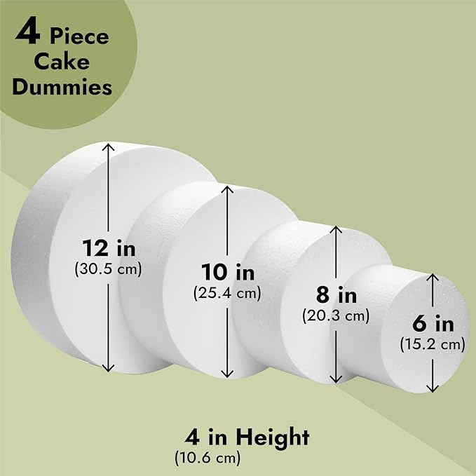 Juvale Round Foam Cake Dummy - Wedding Cake Display Platform - Stackable Tier Stacking Kit - Practice Decorating Supplies - 6", 8", 10" & 12" Tiers, 16" Tall