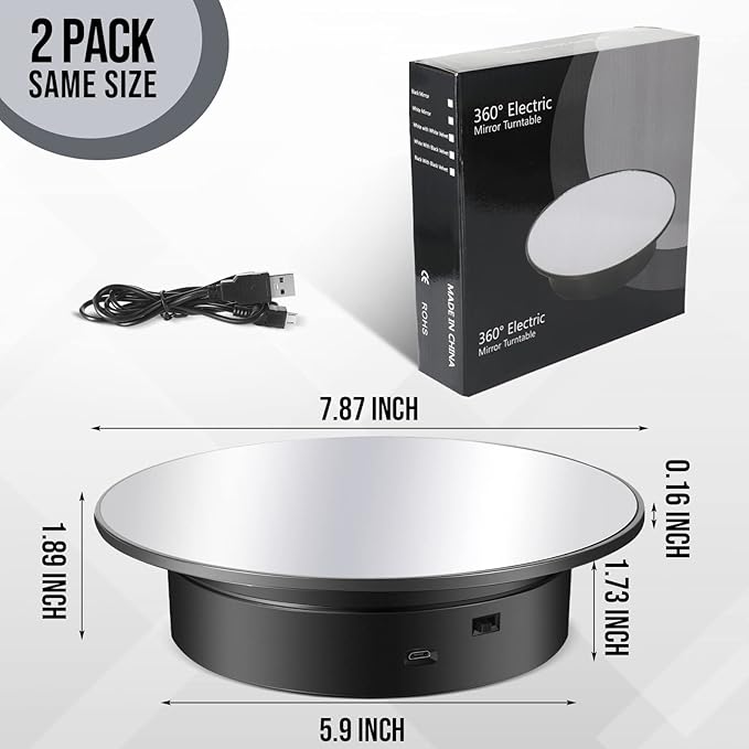Marsui 2 Pieces Rotating Display Stand 7.87'' Mirror Cover 360° Automatic Electric Motorized Turntable for Photography Products Jewelry Cake 3D Model Display Supplies, Battery Operated /USB Power