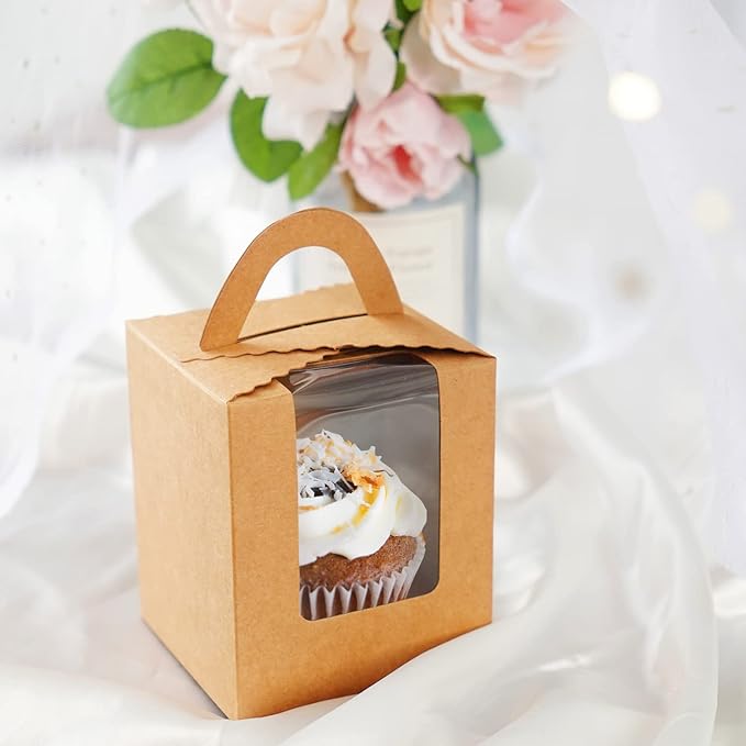 EUSOAR Cupcake Boxes Kraft Paper, 50pcs Portable Single Individual Paper Cupcake Holder Containers,Muffin Gift Boxes with Window Inserts Handle, for Wedding Birthday Party Candy Boxes