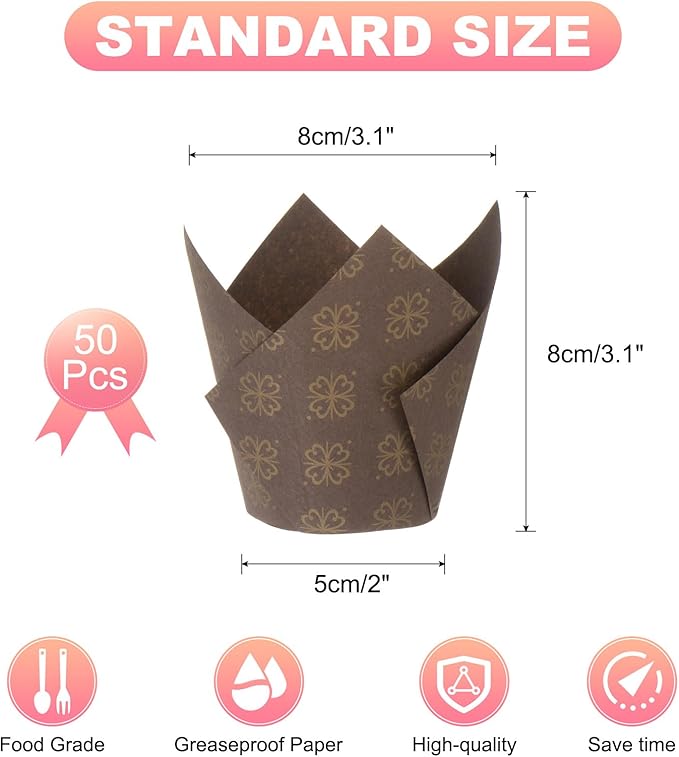 uxcell 50 Pcs Tulip Baking Cups Cupcake Muffins Liners Paper Greaseproof Wrappers for Wedding Birthday Party Festivals Christmas, Coffee/Gold