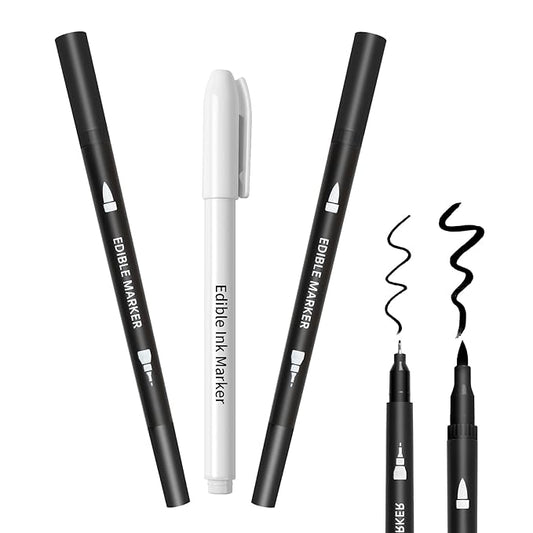Edible Markers 3Pcs Black & White Food Coloring Pens – Double-Sided Fine & Thick Tips Edible Food Pens for Cookie Decorating, Fondant, Cakes, Desserts, Easter Eggs
