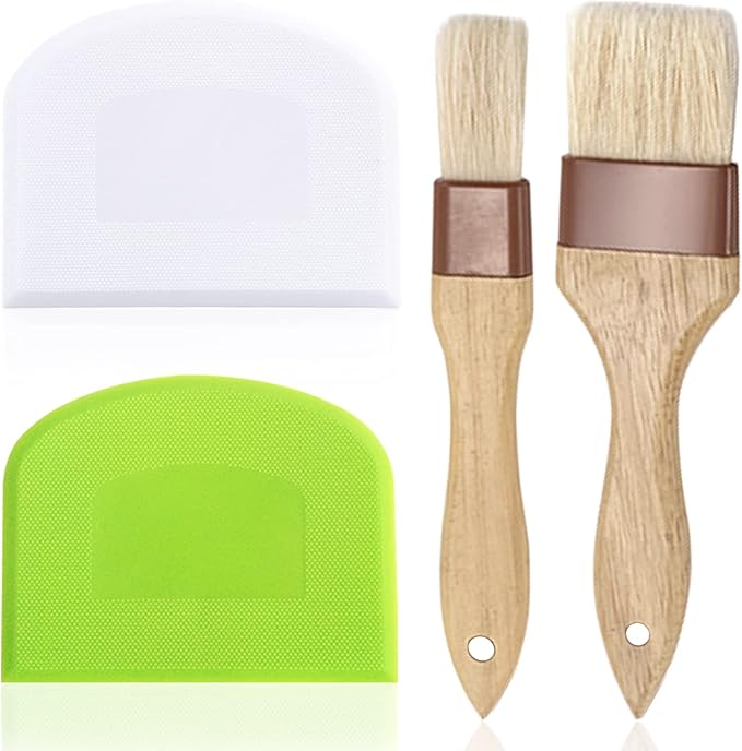 Set of 4, Pastry Brushes and Dough Scraper, findTop Basting Oil Brush with Boar Bristles Wooden Handle Hanging Hole with Extra Dough Scraper for Bread Dough BBQ Sauce Baking Cooking