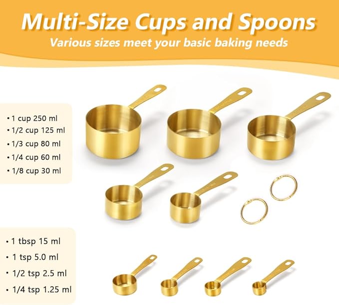 Gold Measuring Cups and Spoons, Set of 9, Including 4 Measuring Spoons, 5 Measuring Cups, Stainless Steel Kitchen Gadgets for Liquid & Dry Ingredients