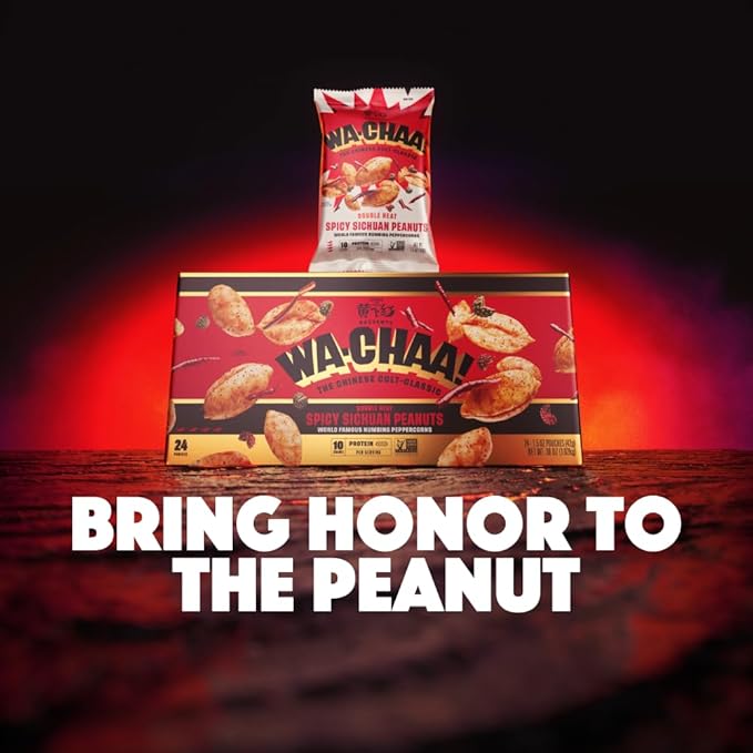WA-CHAA! Spicy Sichuan Peanuts, Numbing Mala Peppercorns, Toasted Chili Flakes, Protein-Packed, Party Snacks, Non-GMO, On-The-Go Travel Size 1.5 Oz (24 Pack, Double Heat)