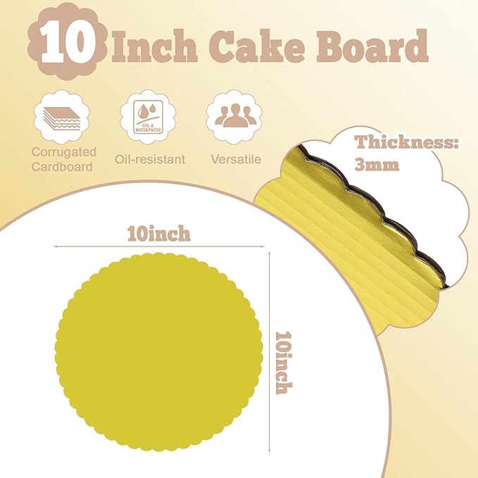 50 Pack 10 Inch Cake Board Gold Cake Cardboard Rounds Disposable Cake Base Scallop Edge Grease Proof Cardboard Circles for Wedding Birthday Cake DIY