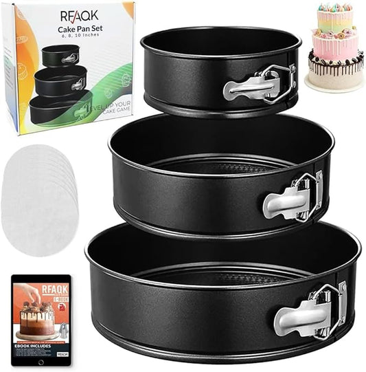 RFAQK Springform Pan Set of 3 - Non-Stick Leakproof Round Cake Pans (6", 8", 10") with 90 Pcs Parchment Paper Liners and Bonus Ebook - Perfect for Cheesecakes, Baking, and More!"