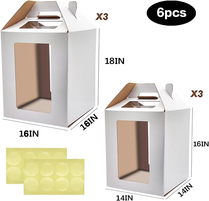 KBG Tall Cake Boxes 6pcs 14x14x16 and 16x16x18 Inches White With Window for Tier Cakes, Wedding, Birthday Transport - Large With Handle, Disposable Containers