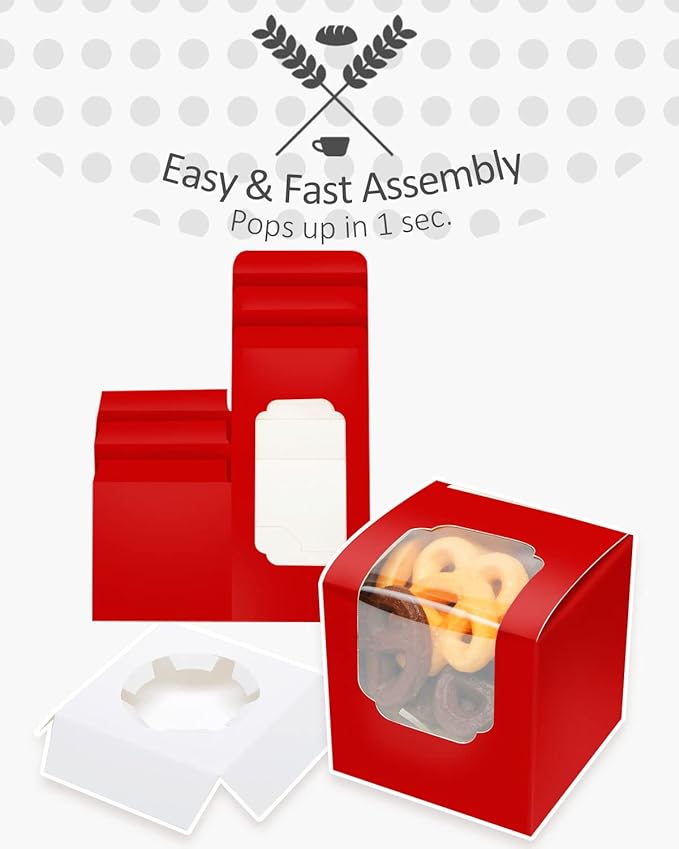 qiqee Red Cupcake Boxes Individual Cupcake Container 60pcs 3.5" x 3.5" x 3.5" Auto-Popup Single Cupcake Boxes (60 Boxes+60 Inserts)