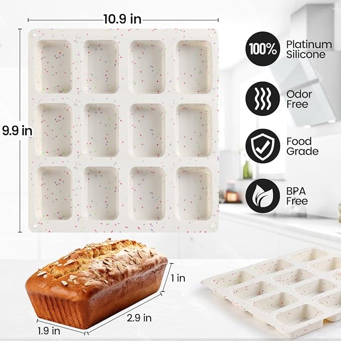 CAKETIME Mini Loaf Pan, Silicone Mini Bread Loaf Pans 12 Cups for Baking Bread, Brownie, Cornbread, Cheesecake, Soap Nonstick 2 Pack Confetti