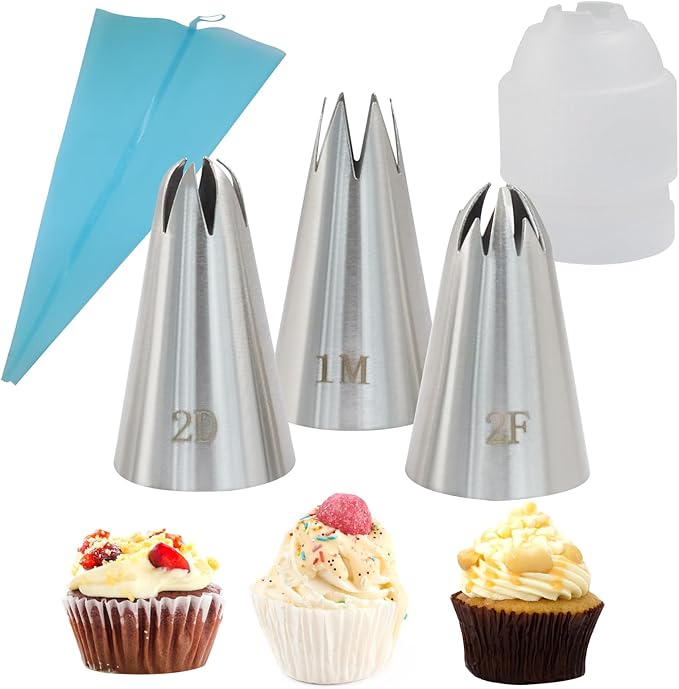3 Pcs 1M 2D 2F Piping Tips, Stainless Steel Decorating Seamless Nozzles Icing Tips with Coupler Adapter & 12In Silicone Pastry Bag, Baking Tools for Birthday Cakes/Cupcakes/Cookie