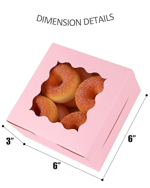 qiqee Pink Bakery Box with Window 100packs 6x6x3 Pink Cookie Boxes Pastry Box for Wedding Favor Birthday ＆ Party