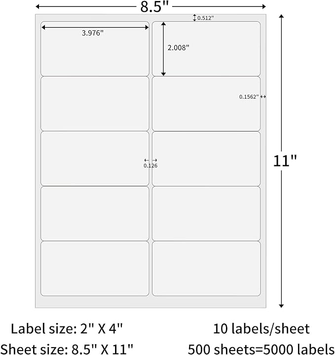 500 Sheets Shipping Labels, 2 x 4 Sticker Paper for Laser/Inkjet Printer Mailing Labels, 10 UP Address Labels, Permanent Adhesive Sticker Labels [All 5000 Labels]