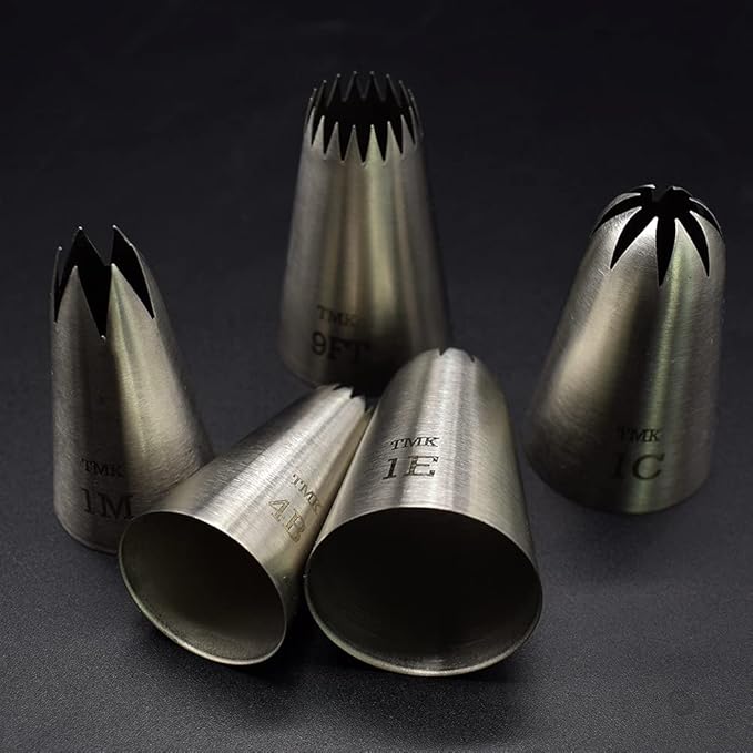 5 Pack Stainless Steel Seamless Piping Icing Tips #9FT 1C 1E 1M 4B, Large Star Piping Nozzle, Cake Decorating Tools for Baker
