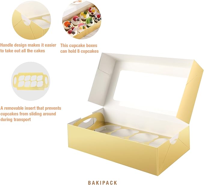 15 Gold Cupcake Boxes 8 Count with Window and Inserts, Cupcake Containers, Mother's Day Cupcake Boxes for Cupcakes, Muffins, Cookies