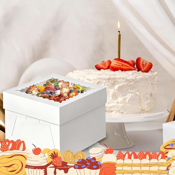 3 Pack Cake Boxes, 10x10x8 Inches Tall Cake Box with Cake Boards, White Bakery Boxes with Window, Disposable Cake Containers with Lids for Cake, Donuts, Pies, Cookies, Wedding, Birthday, Party