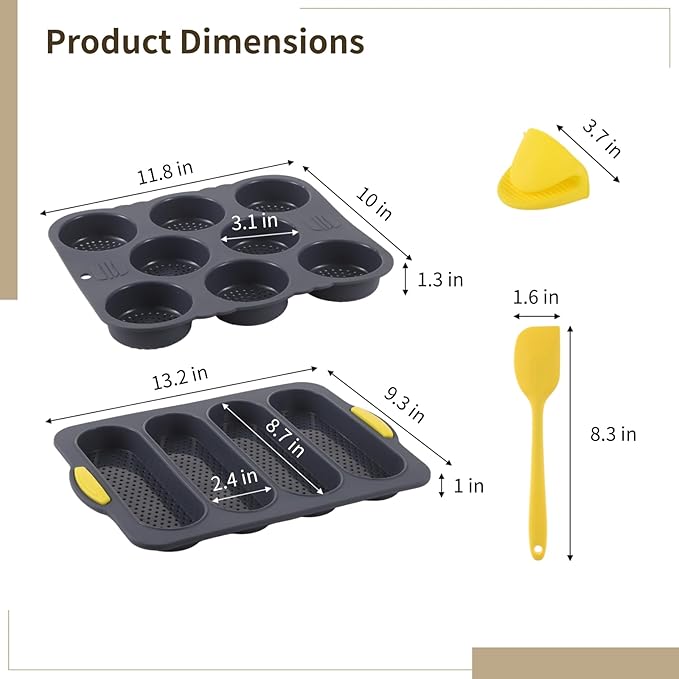 Set of 5 Hamburger Bun Pans for Baking, 4/8-Cup Hamburger Bun Mold, Silicone French Bread Baking Pan with Brush, Spatula, and Grab Glove, Nonstick Perforated Baking Pans