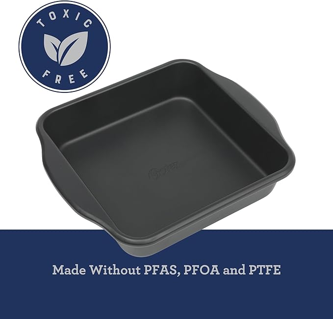 Oster Teston 8-Inch Square Cake Pan, Nonstick Carbon Steel Baking Pan, Matte Black, PFAS-Free, Oven-Safe, Easy Release Bakeware