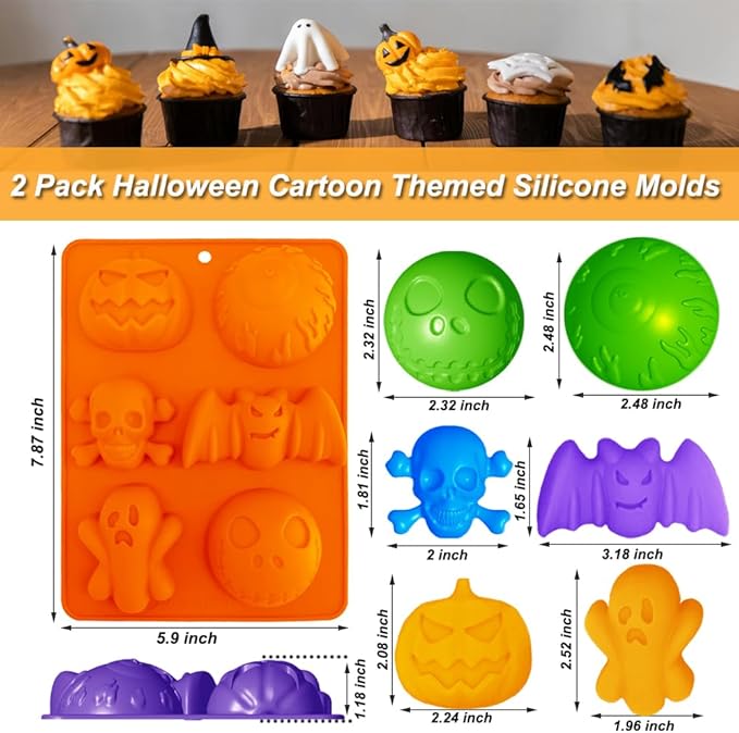 2 Pack Halloween Silicone Molds 6 Cavity Halloween Themed Molds Baking Mould Tray DIY Baking Tool for Aromatherapy Candles Chocolate Pudding Dessert Jelly Soap Cupcake Topper for Halloween Party Treat