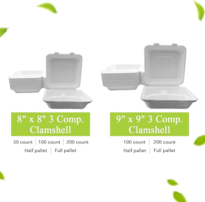 three leaf 8" x 8" 3 COMPARTMENT BAGASSE CLAMSHELL, 200 Ct. Heavy-Duty- Super Strong- Natural- Eco-Friendly Disposable Bagasse Clamshell, 100% Biodegradable 8 inch clamshell