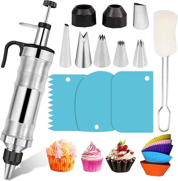 Icing Decoration Gun Set, Dessert Decorating Decorator Syringe with 6 Russian Piping Icing Nozzles Cake Decorating Tool Cupcake Frosting Filling Injector Cake Icing Tools