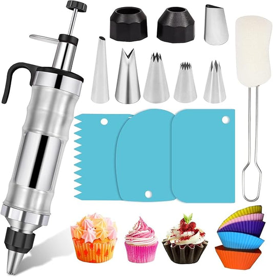 Icing Decoration Gun Set, Dessert Decorating Decorator Syringe with 6 Russian Piping Icing Nozzles Cake Decorating Tool Cupcake Frosting Filling Injector Cake Icing Tools