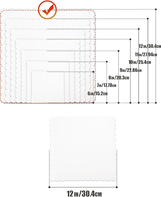 qiqee White 12 Inch Wave Cake Boards 15-Packs Squares Base Food-Grade Cardboard Wave Cake Plate（Thinner But Stronger）
