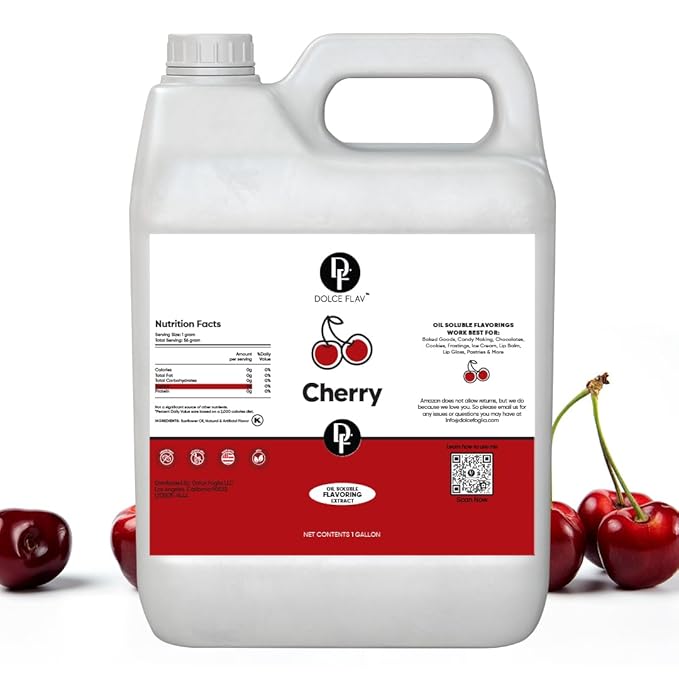 Dolce Flav Cherry Extract – 1 Gallon Oil-Soluble Kosher, Sugar-Free, Concentrated Fruity Flavor for Candy, Chocolates & Desserts