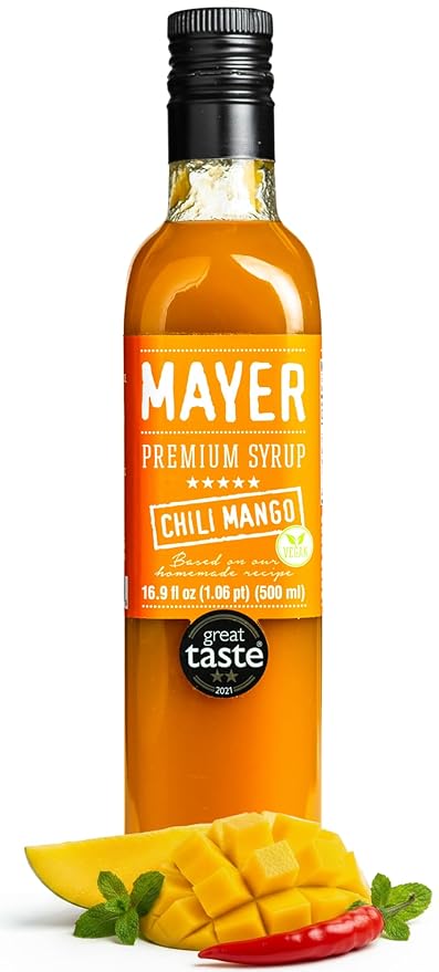 Mayer Premium Chili Mango Syrup – Award-Winning Organic Fruit Syrup, Over 50% Real Fruits, All Natural, Vegan, Gluten-Free – Ideal for Cocktails, Coffee, Desserts, Cocktails (16.9 oz)