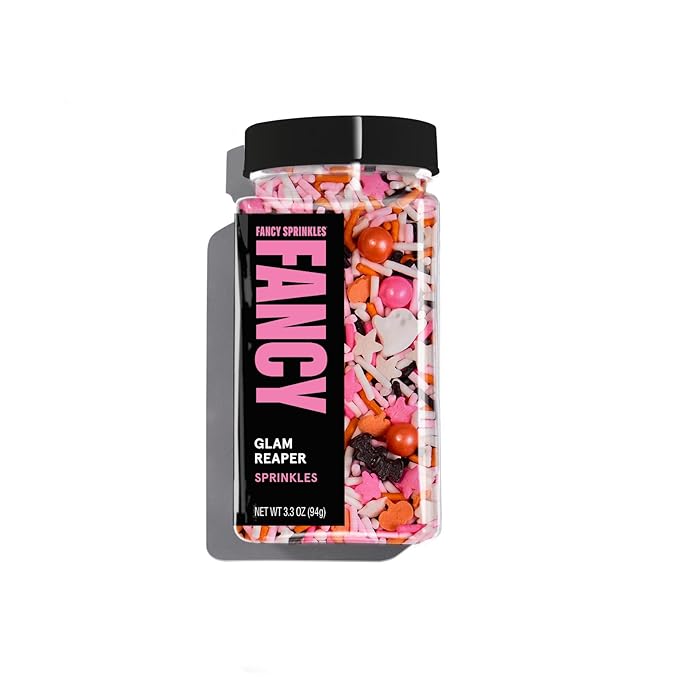 Fancy Sprinkles Glam Reaper Sprinkles Pink, Orange, Black, and White Crunchy Jimmies Candy Pearls, Bats and Pumpkins (0.5c)