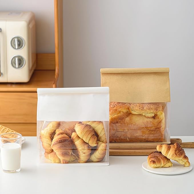100 Pcs 8.6 Inch Brown Kraft Paper Bread Bags with Tin Tie, Large Homemade Bread Packing Bag, Thickened Storage Bagel Bag with Clear Window for Bakery