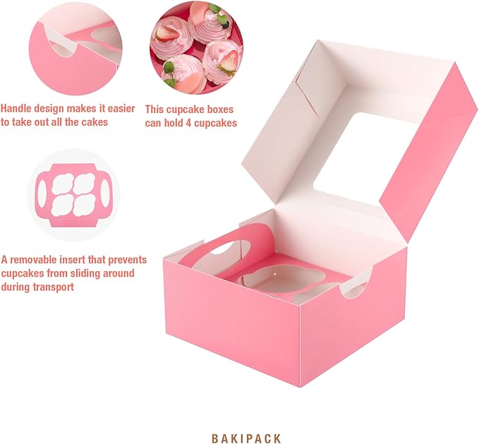 25 Pink Cupcake Boxes, 4 Count Cupcake Containers with Window and Inserts, 6.3×6.3×3 Inches Cupcake Holders for Cupcakes, Muffins, Cookies, Desserts, Pastries