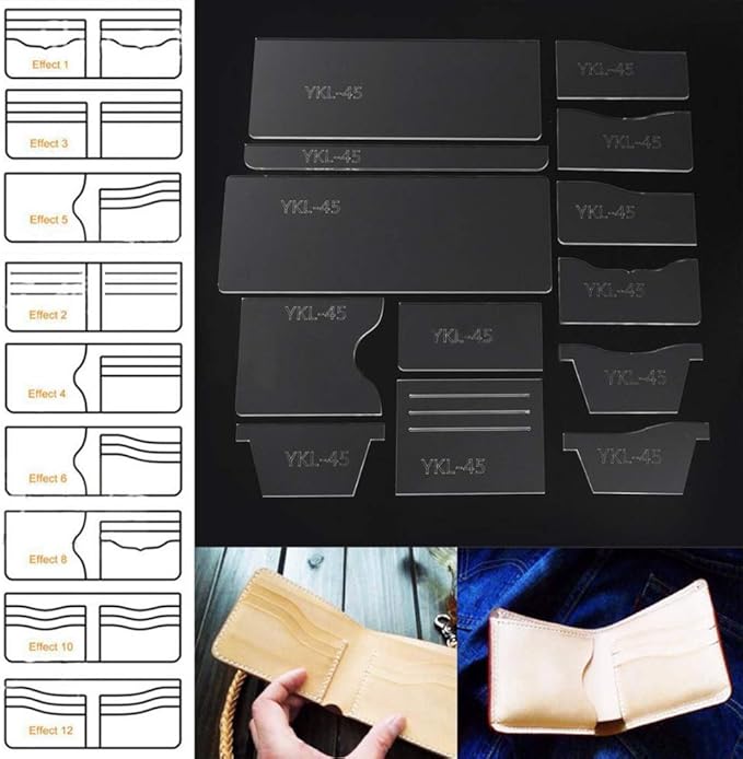 13X Clear Acrylic Wallet Pattern Stencil Template Drawings Set Leather Hand Craft DIY Tool