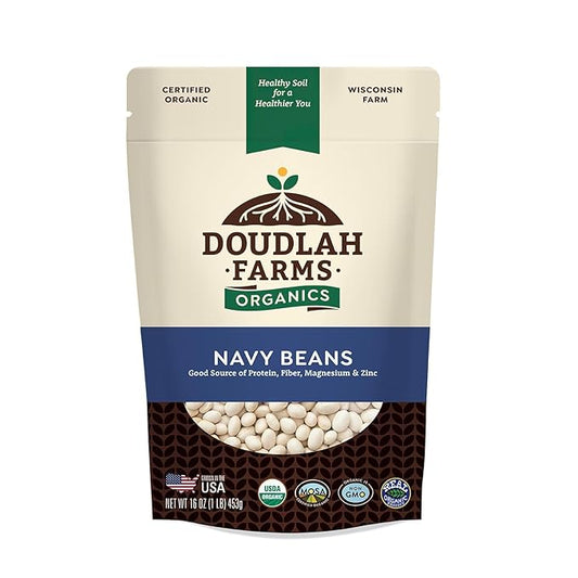 Organic Navy Beans 1 lb - Non-GMO, USDA Organic, Tested Clean Certified, Vegan - Rich in Fiber & Protein for Soups, Burritos, Salads & Chili - Grown In USA, Farmed From Regenerative Soil by Doudlah Farms