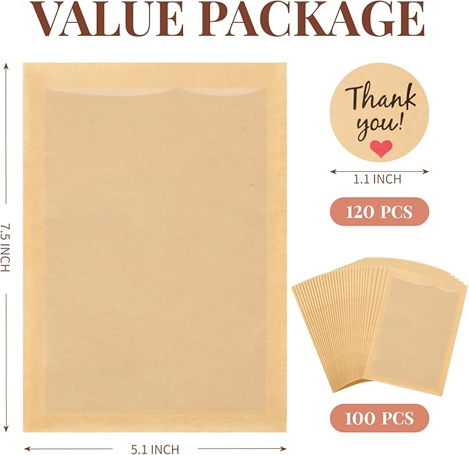 100 Pack Heat-Sealable Cookie Bags with Window, 5.1 x 7.5 Inches Small Clear Front To Go Bakery Bags, Grease Resistant Kraft Paper Treat Sleeves for Packaging Snack Donut Pastry (Brown)