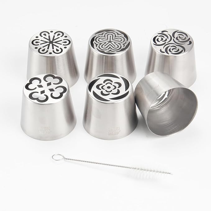 Extra Large Russian Piping Tip Set - 6 Stainless Steel Marshmallow Buttercream Framing Nozzles for 3D Roses Tulip Cake Decorations and Marshmallow Bouquets, Includes 1 Cleaning Brush(6E)